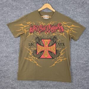 West Coast Choppers Shirt Men XL Flame Cross Logo Olive Biker Graphic Tee Street